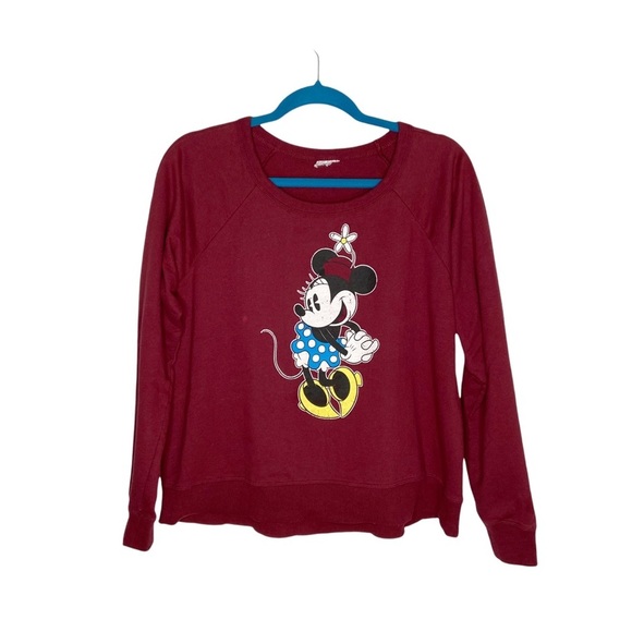 Minnie Mouse Maroon Long Round Crew Neck Graphic Knit Sweatshirt - Picture 1 of 8